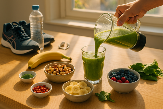 Smoothie vert versé dans un verre sur plan de travail, banane, baies, noix, spiruline, chaussures de sport et gourde sous soleil du matin