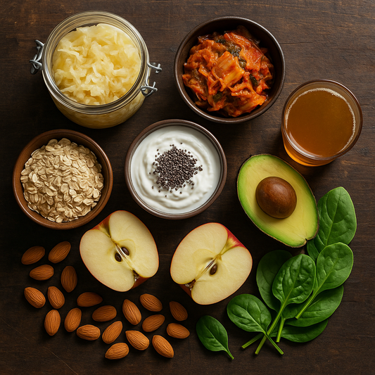 Plateau carré d’aliments probiotiques et riches en fibres : choucroute, kimchi, yaourt, kombucha, pomme, avoine, amandes, avocat et épinards sur bois sombre