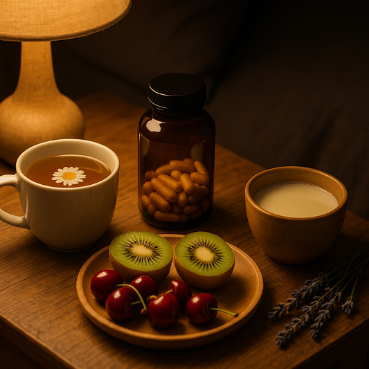 Table de chevet nocturne : bouteille de gélules de mélatonine, mug de tisane camomille, kiwi, cerises, lait chaud et brin de lavande sous lumière douce