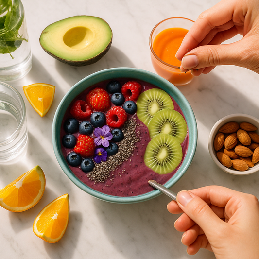 Smoothie bowl aux fruits rouges, kiwi et chia sur comptoir en marbre, avocat, jus de carotte, amandes et eau infusée, main saupoudrant des graines