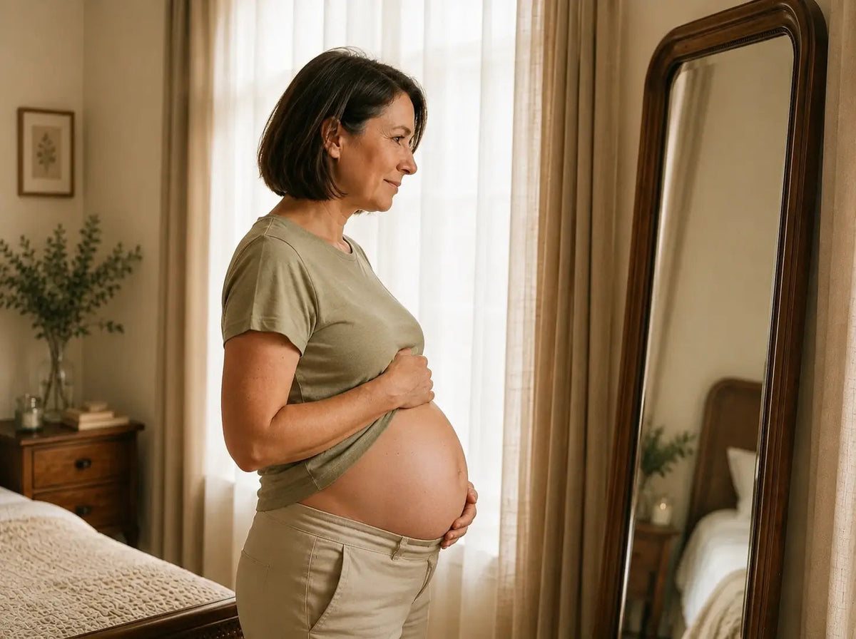 Femme devant un miroir en pied dans une chambre, tenue simple, mains sur le ventre, format 4:3