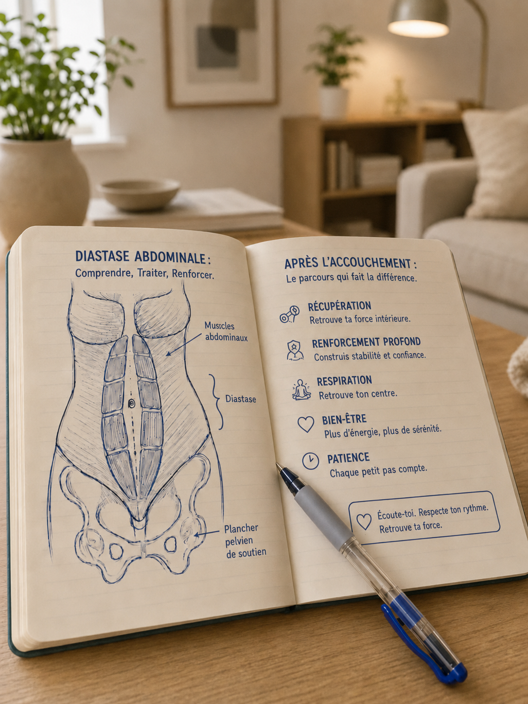 Carnet ouvert sur une table en bois avec un schéma anatomique dessiné de la sangle abdominale, stylo posé à côté, format 4:3