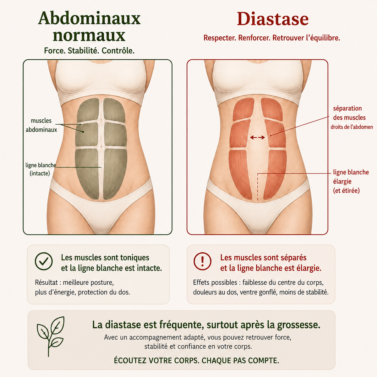 Schéma comparatif : sangle abdominale normale à gauche, écartement des grands droits à droite, illustration pédagogique claire, format 4:3