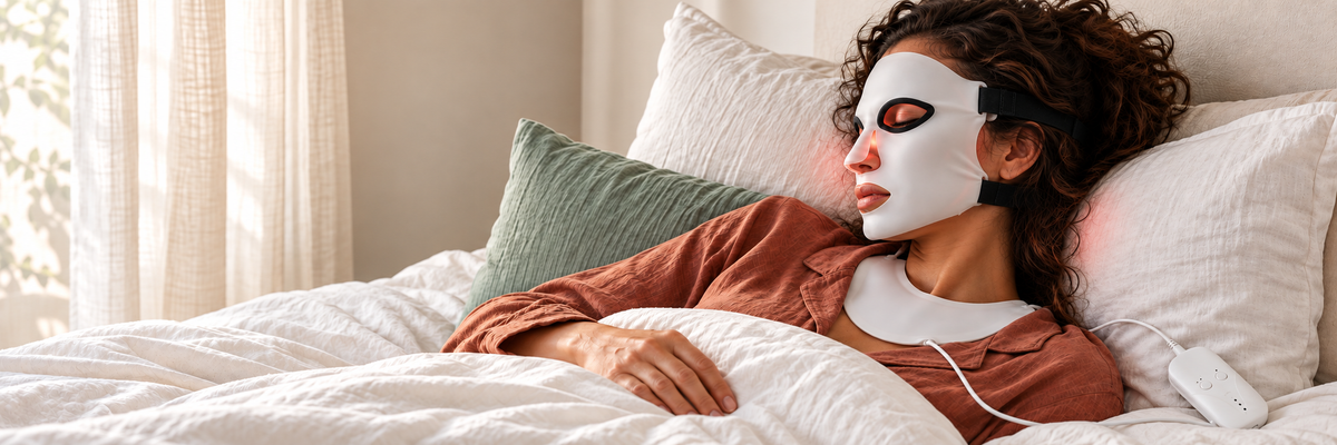 Femme aux cheveux bouclés allongée dans son lit le matin, portant le masque LED blanc sur le visage et le cou