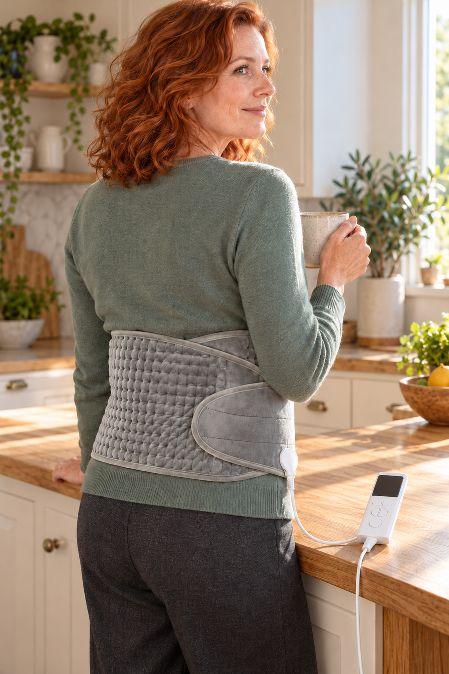 Femme rousse dans sa cuisine, portant la ceinture chauffante grise autour du bas du dos