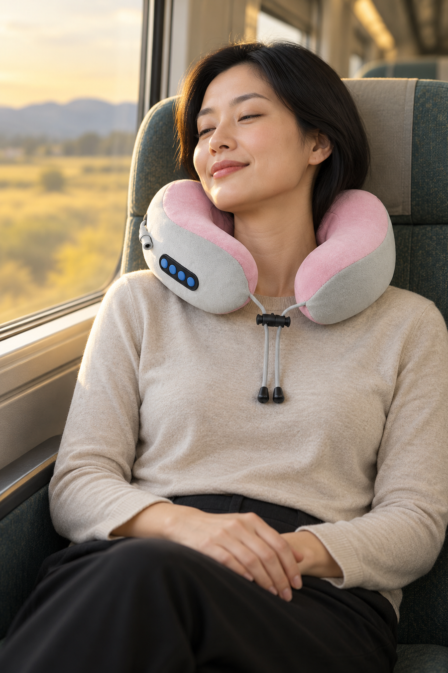 Femme assise dans un train, le coussin cervical massant et chauffant rose autour du cou