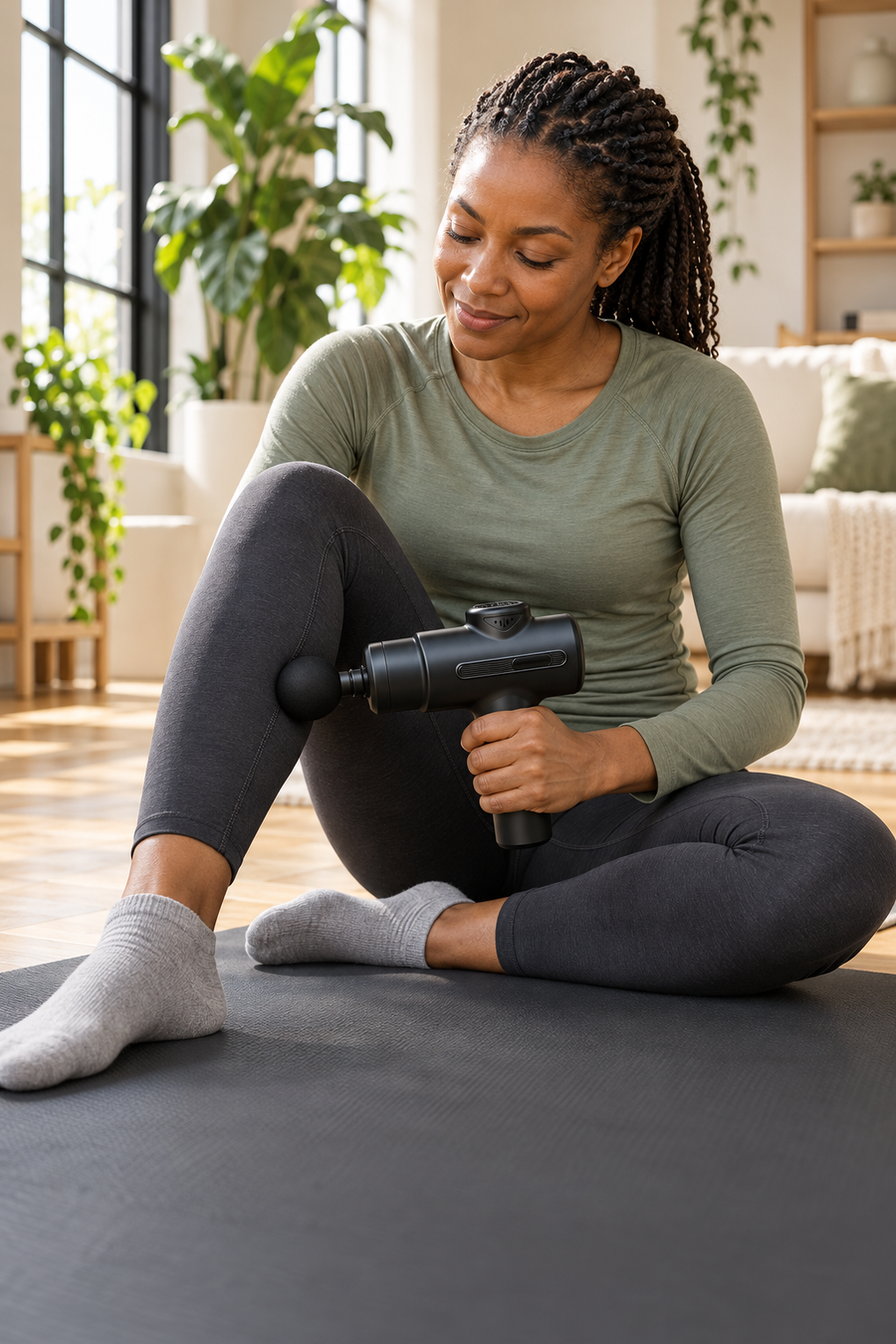 Femme assise sur un tapis dans un loft lumineux, passant le pistolet de massage sur son mollet
