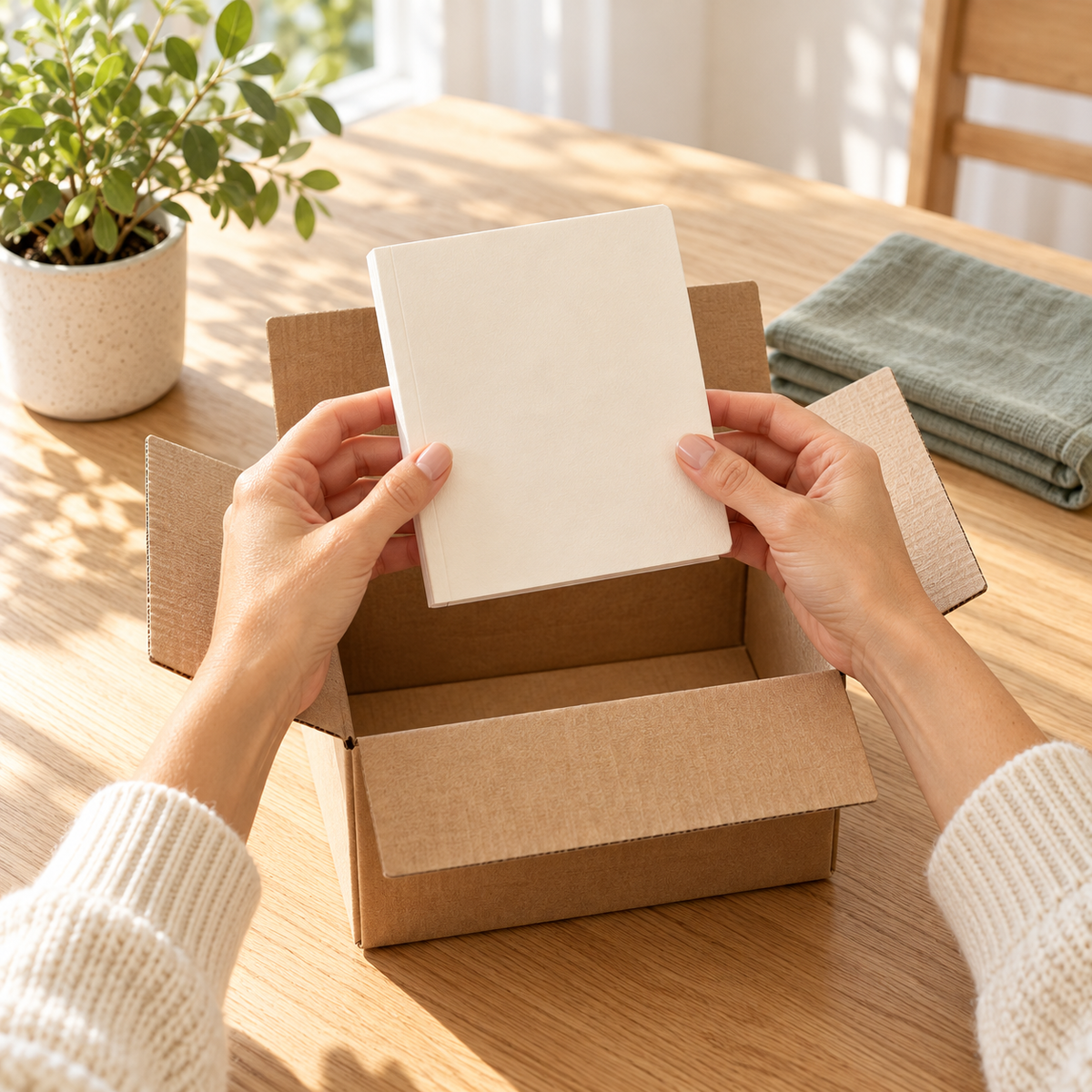 Mains sortant une notice d'un carton de livraison