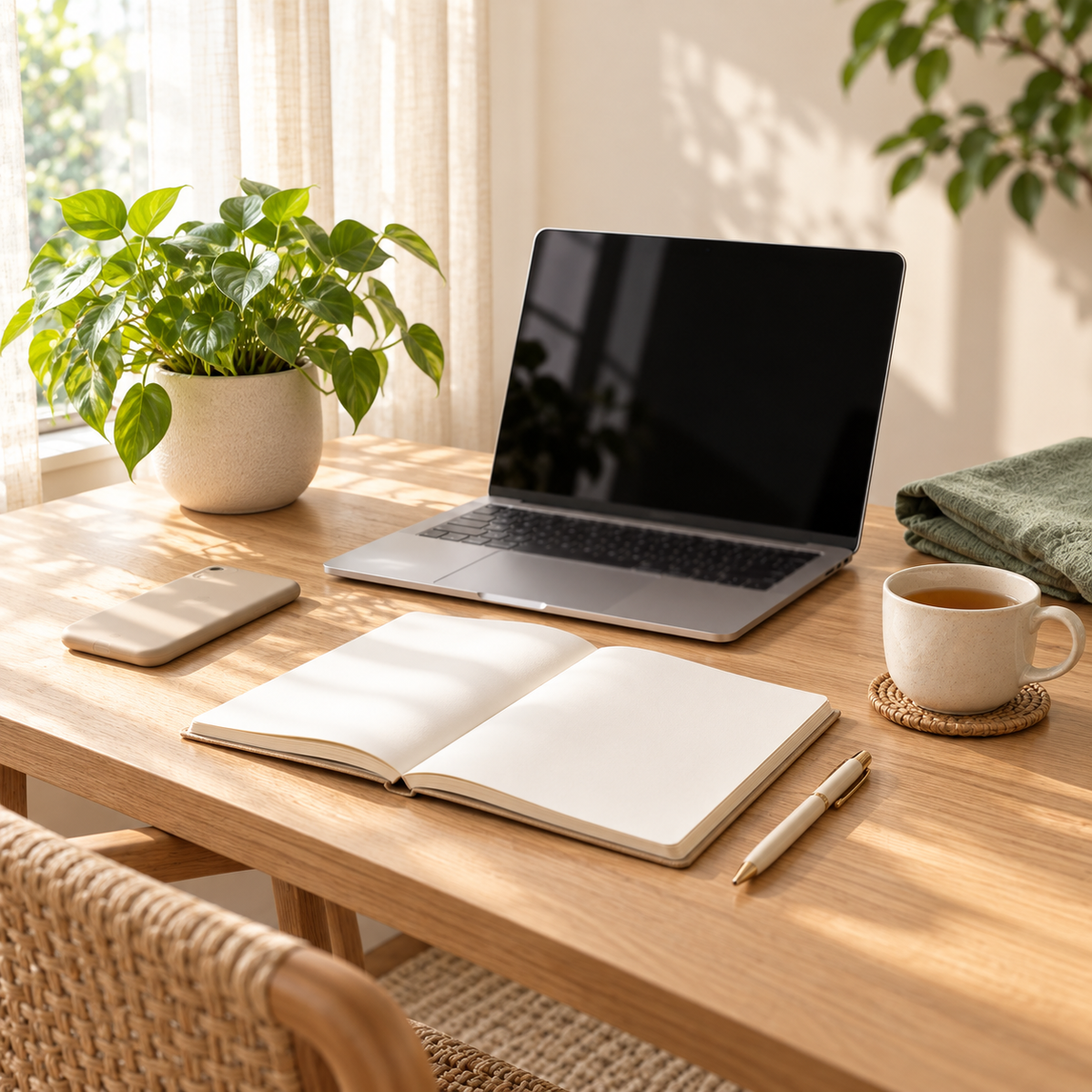 Bureau lumineux avec ordinateur portable, carnet et tasse de thé