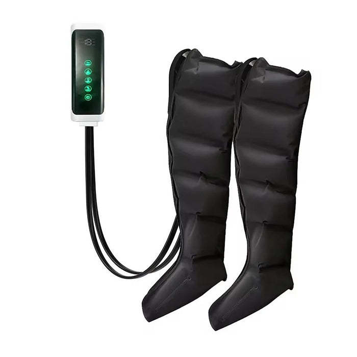 Bottes de pressothérapie chauffantes avec boîtier de réglage, sur fond blanc