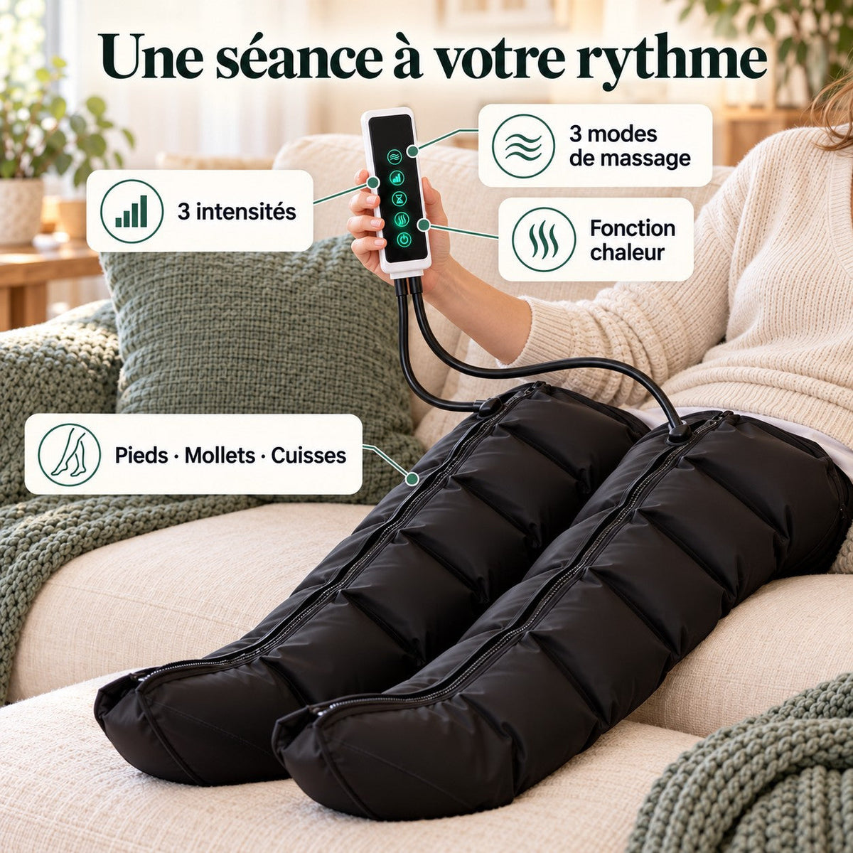 Gros plan sur les bottes de pressothérapie et le boîtier de réglage
