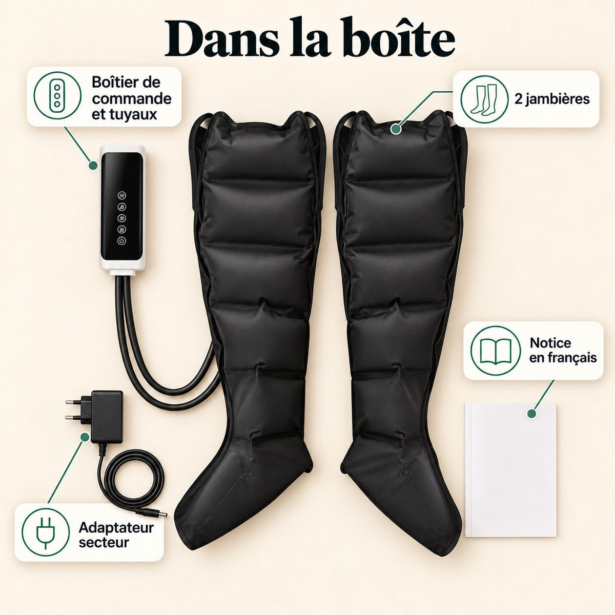 Contenu de la boîte : 2 jambières, boîtier et tuyaux, adaptateur secteur, notice en français
