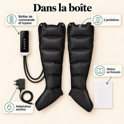 Contenu de la boîte : 2 jambières, boîtier et tuyaux, adaptateur secteur, notice en français