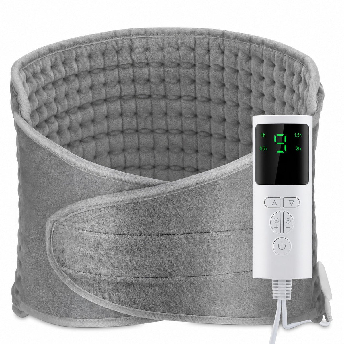Ceinture chauffante grise en micro-peluche avec son boîtier de réglage, sur fond blanc