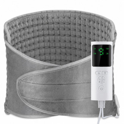 Ceinture chauffante grise en micro-peluche avec son boîtier de réglage, sur fond blanc