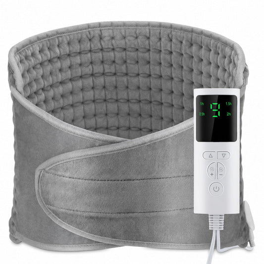 Ceinture chauffante grise en micro-peluche avec son boîtier de réglage, sur fond blanc