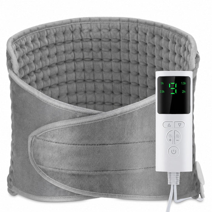 Ceinture chauffante grise en micro-peluche avec son boîtier de réglage, sur fond blanc