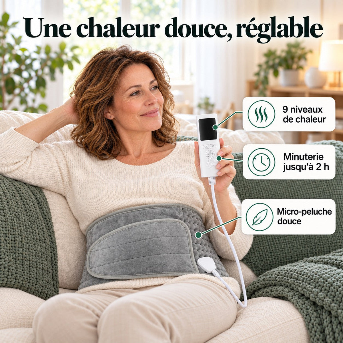 Femme portant la ceinture chauffante : 9 niveaux de chaleur, minuterie jusqu'à 2 h, micro-peluche douce