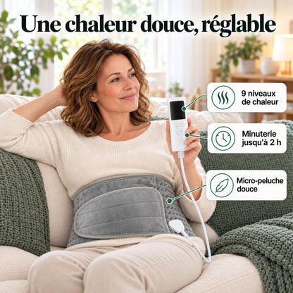 Femme portant la ceinture chauffante : 9 niveaux de chaleur, minuterie jusqu'à 2 h, micro-peluche douce