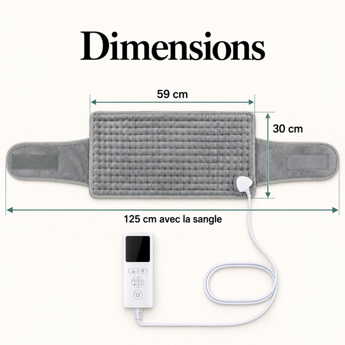 Dimensions de la ceinture chauffante : 59 × 30 cm, 125 cm avec la sangle