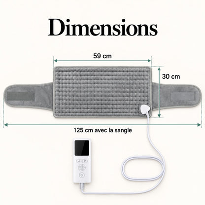 Dimensions de la ceinture chauffante : 59 × 30 cm, 125 cm avec la sangle