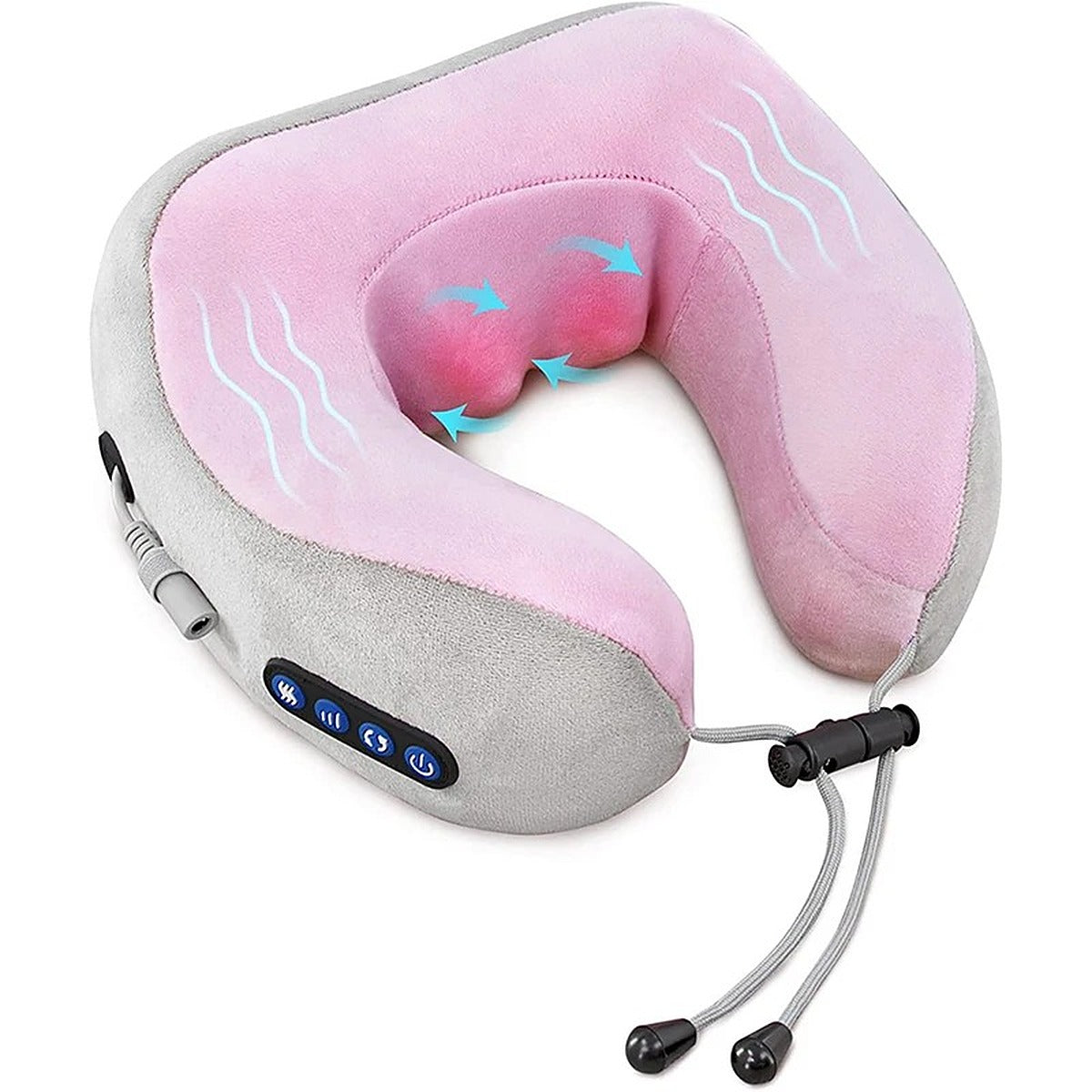 Coussin cervical massant et chauffant en U rose sur fond blanc
