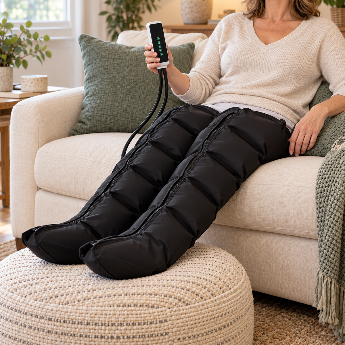 Femme assise dans son canapé, les jambes dans les bottes de pressothérapie, le boîtier de commande en main