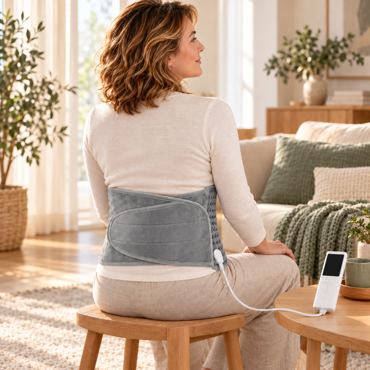 Femme assise de dos, portant la ceinture chauffante grise autour du bas du dos par-dessus un t-shirt