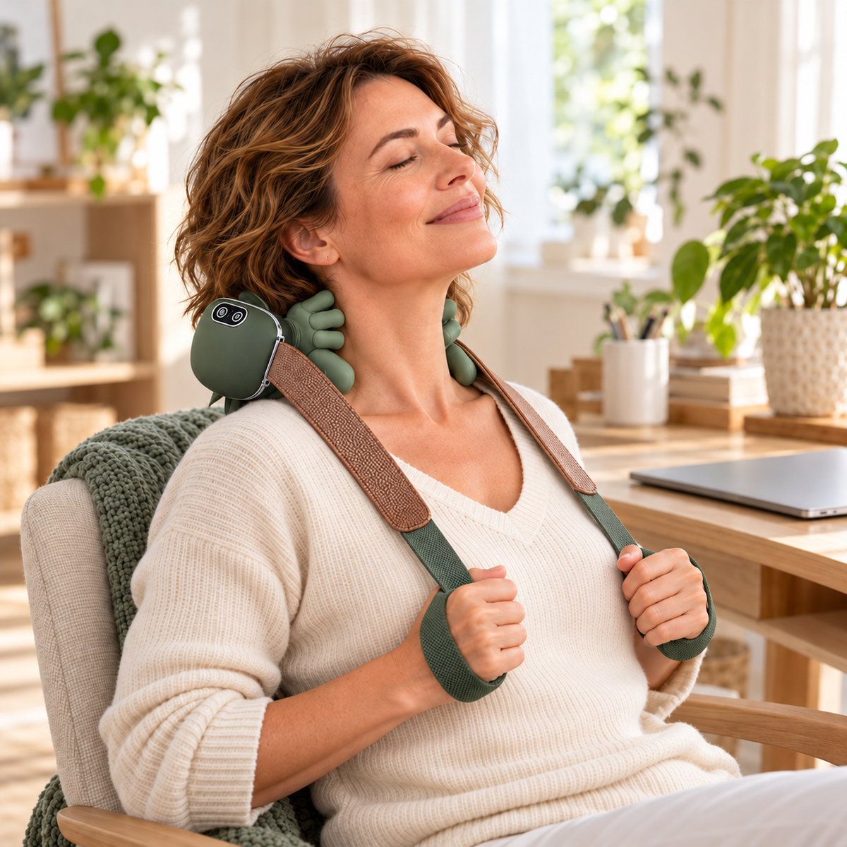 Femme assise dans son canapé, le masseur cervical sans fil posé sur les épaules