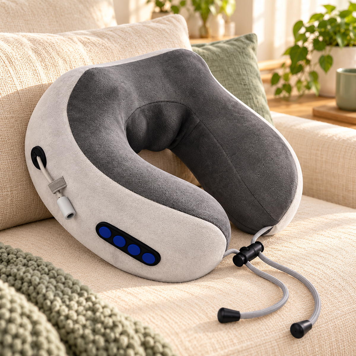 Coussin de nuque chauffant gris en U posé sur un canapé, avec ses boutons et son cordon de réglage