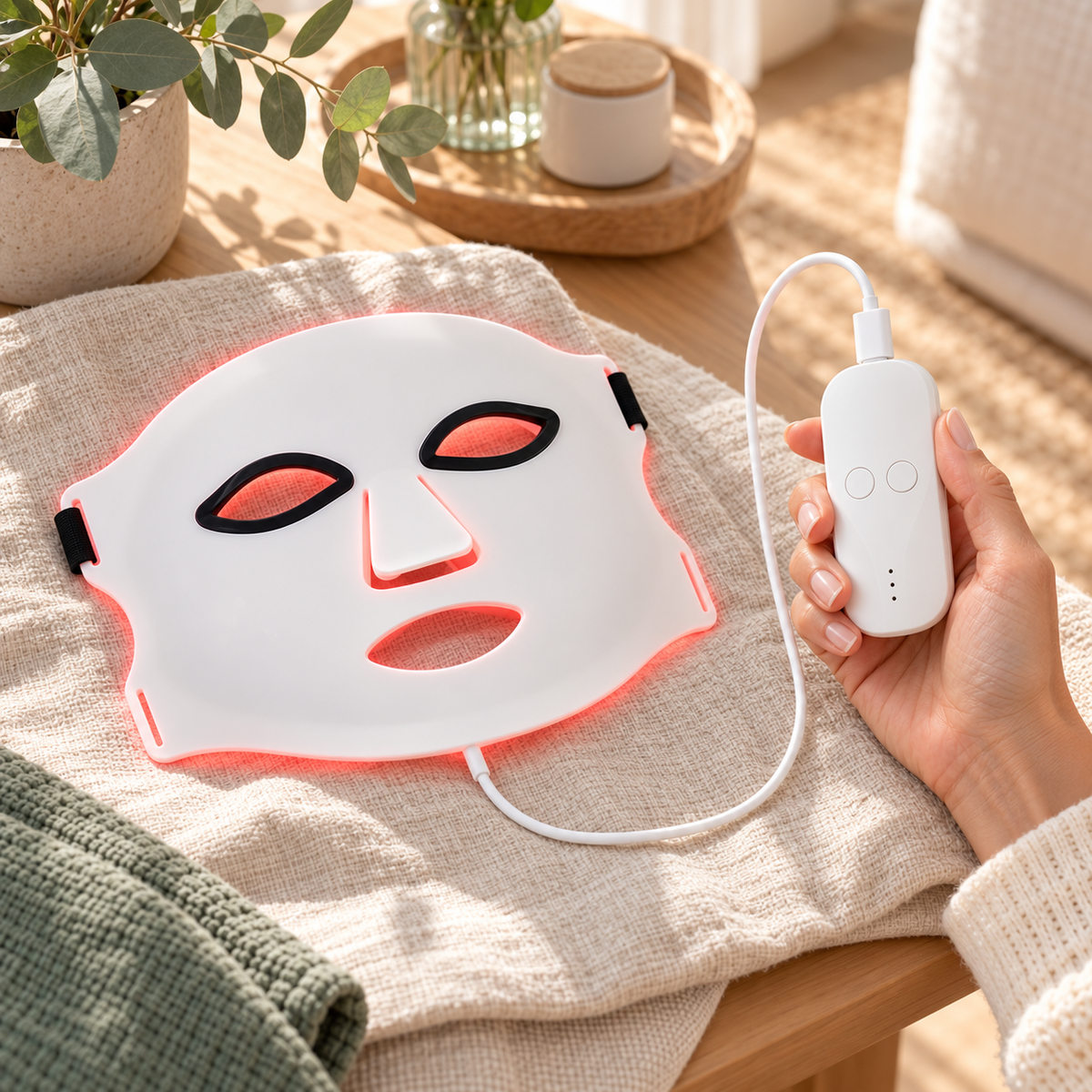 Main tenant le petit boîtier de réglage blanc, relié au masque LED blanc posé sur un linge