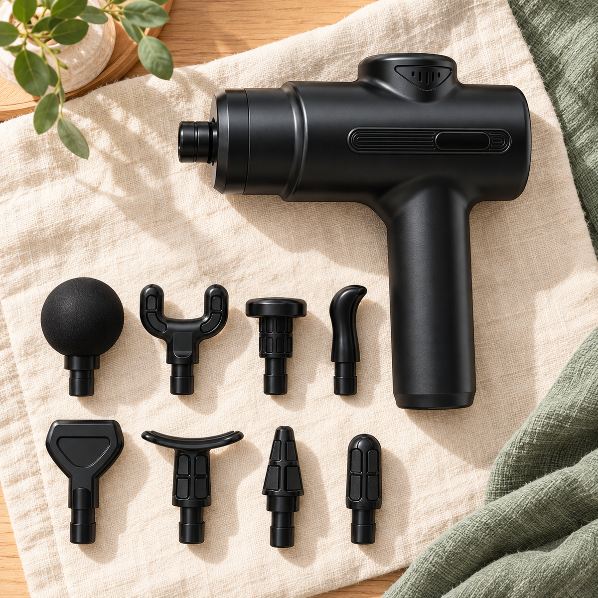 Pistolet de massage noir et ses huit embouts alignés sur un linge