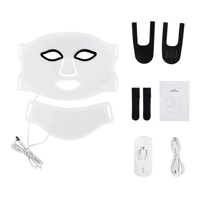Masque LED visage et cou blanc en silicone avec son boîtier de réglage et ses accessoires