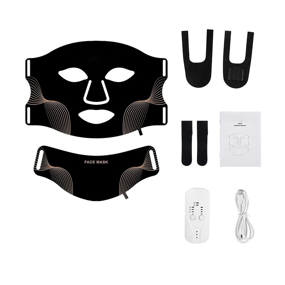 Masque LED visage et cou noir en silicone avec son boîtier de réglage et ses accessoires