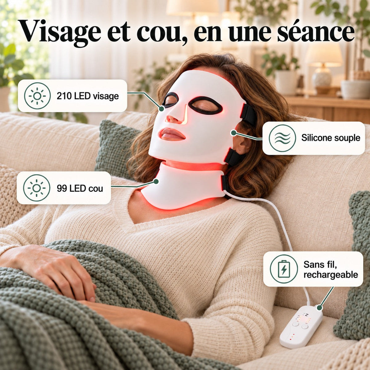 Femme portant le masque LED visage et cou : 210 LED visage, 99 LED cou, silicone souple, rechargeable