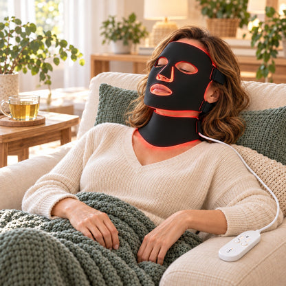 Masque LED noir visage et cou porté dans un salon