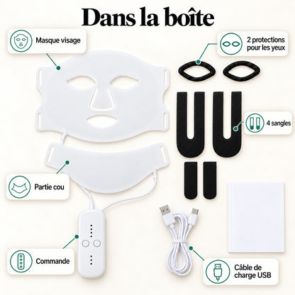 Contenu de la boîte du masque LED : masque visage, partie cou, boîtier de réglage, 4 sangles, 2 protections pour les yeux, câble USB