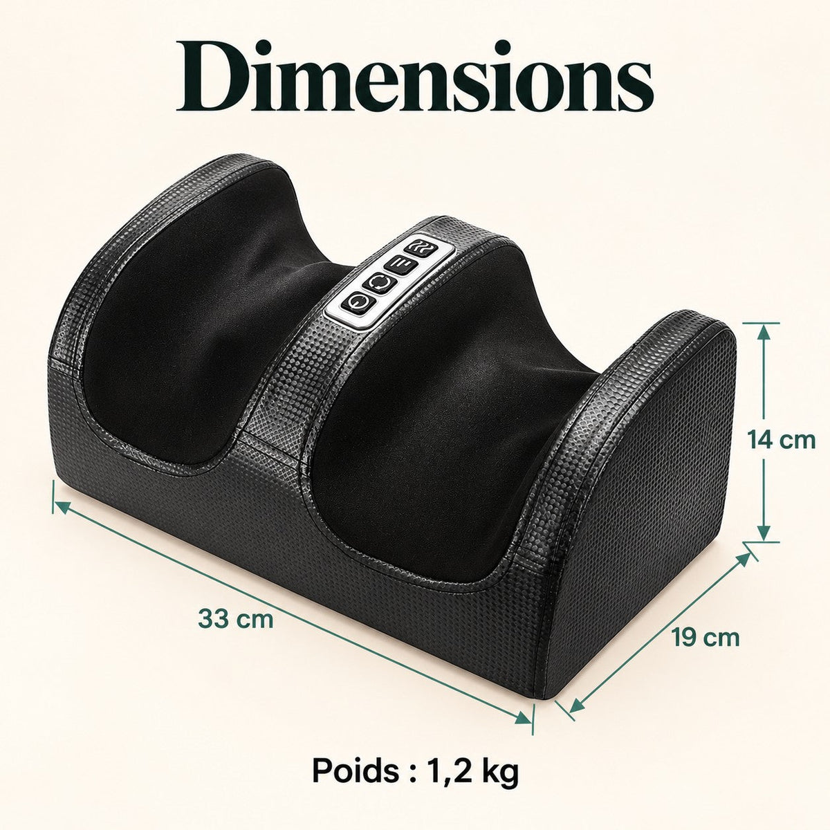 Dimensions du masseur de pieds : 33 × 19 × 14 cm, 1,2 kg