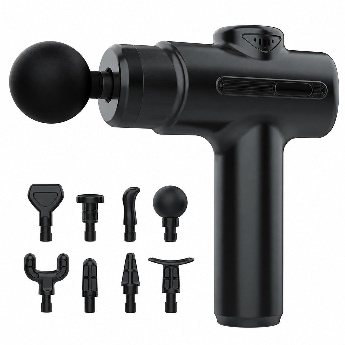 Pistolet de massage noir et ses 8 embouts sur fond blanc