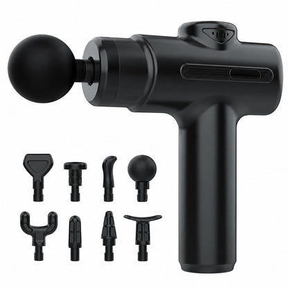 Pistolet de massage noir et ses 8 embouts sur fond blanc
