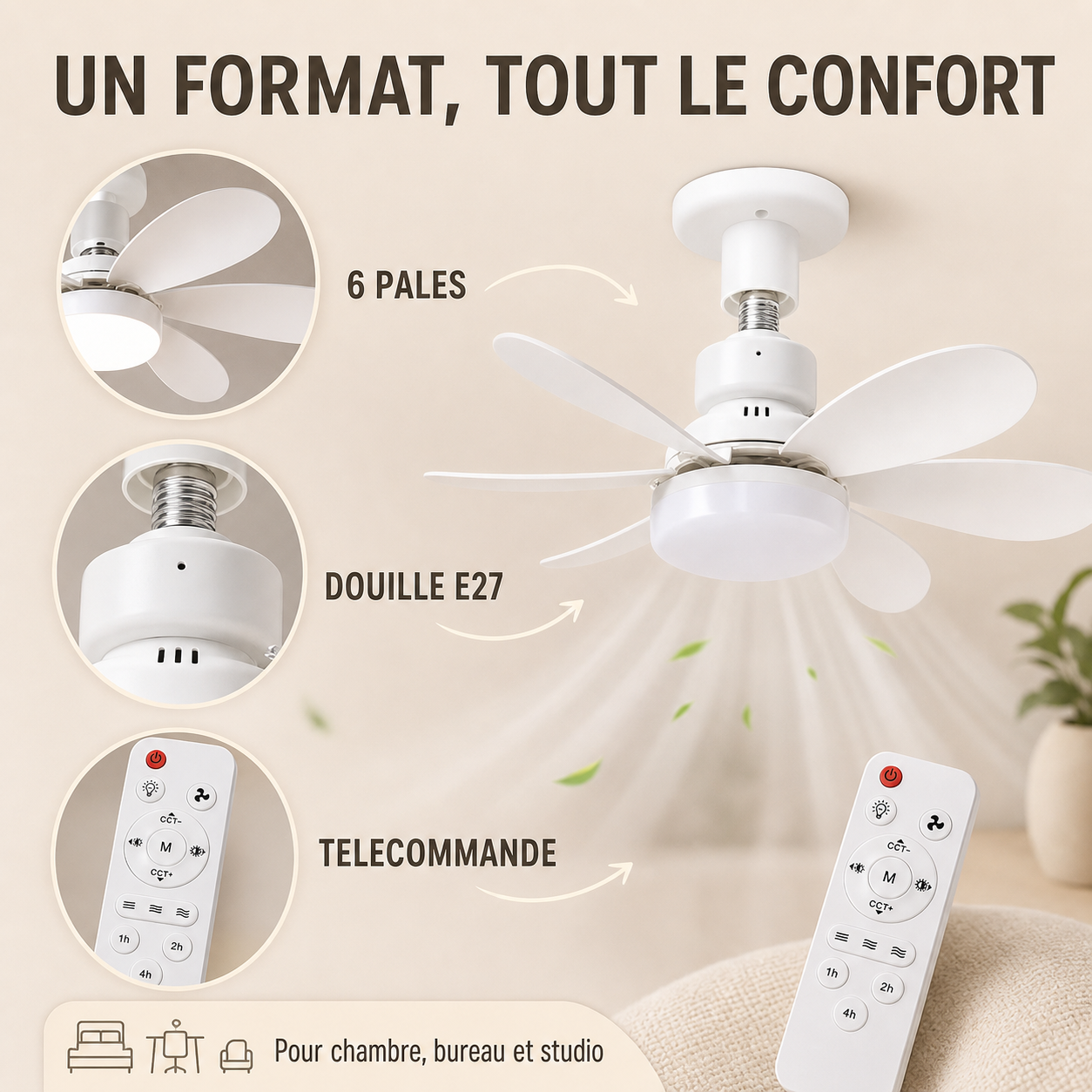 AéroLume™ - Ventilateur Plafond E27 avec Lumière