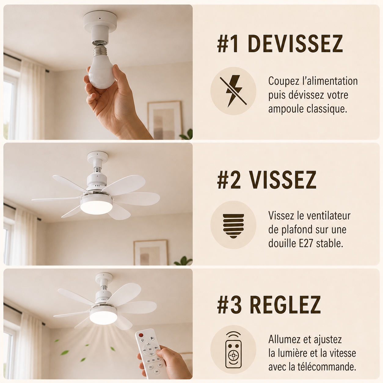 AéroLume™ - Ventilateur Plafond E27 avec Lumière